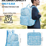MOODONE blue 20L lightweight packable hiking backpack unfolded showing mesh straps, four zippered pockets and mesh side pockets - view 2