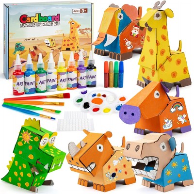 Kodatek 135-piece kids craft kit with figurines, paints, brushes and building components laid out on white surface