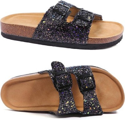 Aiminila girls black glitter thong slide sandals size 11.5 with open toe buckle strap and flat rubber sole