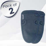 Two silver grey nylon exfoliating gloves laid flat, textured body scrubber pair for dead skin removal