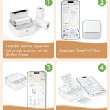 iDPRT portable mini thermal sticker printer in white shown with included roll of thermal sticker paper on white background - view 3