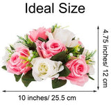 Two pink and white silk rose flower ball centerpieces on plastic bases, 10 inches diameter, styled on a wedding reception table - view 6