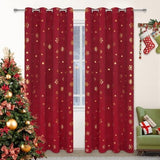 Two red blackout curtain panels with gold foil snowflake print hung on a rod, 52x84 inches, FRAMICS Christmas curtains
