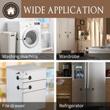 Two black adhesive refrigerator and cabinet locks made of ABS plastic shown on a white refrigerator door - view 6