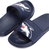 Skywheel navy blue kids shark graphic slip-on slide sandals with EVA sole, size US 12, shown from top and side angle - view 3