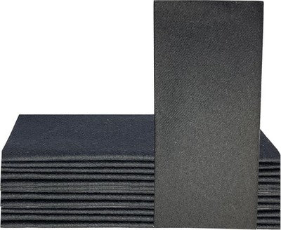 Box of 50 black airlaid disposable napkins measuring 16x16 inches, folded and displayed for wedding table setting