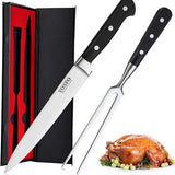 Yosfo 8-inch stainless steel carving knife and 7-inch fork set with black POM ergonomic handles on white background