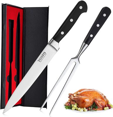 Yosfo 8-inch stainless steel carving knife and 7-inch fork set with black POM ergonomic handles on white background