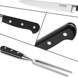 Yosfo 8-inch stainless steel carving knife and 7-inch fork set with black POM ergonomic handles on white background - view 6