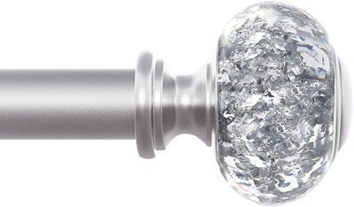 QITERI silver adjustable curtain rod 48 to 86 inch with translucent round finials and mounting brackets on white background