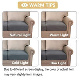 Two grey jacquard stretch sofa seat cushion covers laid flat showing textured twill pattern and elastic loops underneath - view 7
