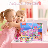 Blokees 184-piece STEM bakery building blocks set showing assembled dessert shop with rabbit and small lamps, multicolor ABS pieces - view 8