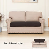 Set of two chocolate brown stretch fabric loveseat cushion covers with elasticized bottom, laid flat showing fitted shape - view 2