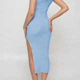 Sky blue sleeveless ribbed bodycon midi dress with square neckline and front cutout detail, shown on model, size XL - view 4