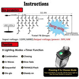 HISHINY 32ft multicolor LED icicle Christmas lights with 72 hanging drops displayed outdoors on roofline at night - view 2