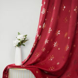 Two red blackout curtain panels with gold foil snowflake print hung on a rod, 52x84 inches, FRAMICS Christmas curtains - view 7