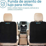 Four black Enovoe waterproof car seat back protector mats 18x24 inches with elastic straps shown installed in vehicle rear seats - view 3