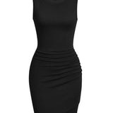 Btfbm black sleeveless ruched bodycon mini dress on model, crew neck, one-side ruched detail, size M - view 6