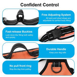 Orange and black Petmegoo no-pull dog harness showing front D-ring clip, back attachment point, and reflective stitching - view 2