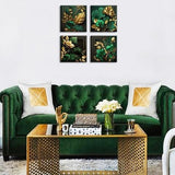 Four emerald green and gold leaf tropical botanical canvas prints 12x12 inches on wood frames arranged as a gallery wall set - view 5