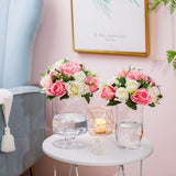 Two pink and white silk rose flower ball centerpieces on plastic bases, 10 inches diameter, styled on a wedding reception table - view 7