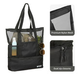 YICHFO large black mesh beach bag with detachable insulated cooler compartment and multiple exterior pockets - view 7
