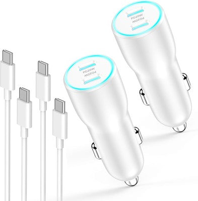 Two white dual USB-C car chargers with 3.3ft USB-C cables, 40W PD 3.0 fast charging, 2-pack set