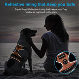 Orange and black Petmegoo no-pull dog harness showing front D-ring clip, back attachment point, and reflective stitching - view 5