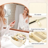 TBOLINE large white checkered PU leather travel makeup bag laid flat open showing interior compartments and pockets - view 5