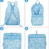 MOODONE blue 20L lightweight packable hiking backpack unfolded showing mesh straps, four zippered pockets and mesh side pockets - view 3