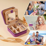 Small purple PU leather travel jewelry case open showing velvet interior, ring roll, and divided compartments, 4x4x2 inches - view 5