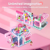 Blokees 184-piece STEM bakery building blocks set showing assembled dessert shop with rabbit and small lamps, multicolor ABS pieces - view 4