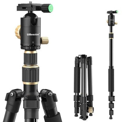 UBeesize 71-inch silver aluminum travel tripod with 360-degree ball head extended full height with phone mount adapter included