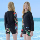 FAFSGOD girls black floral 2-piece swimsuit set with long sleeve UPF 50+ rash guard top and boy shorts bottoms - view 6