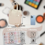 Small beige PU leather makeup bag with top handle and zipper closure, compact waterproof travel cosmetic pouch organizer - view 3