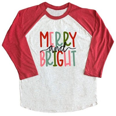 Red and grey long sleeve raglan baseball tee for toddlers size 6T with Merry and Bright Christmas screen-printed graphic