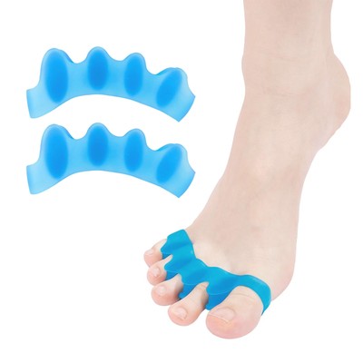 Two blue medical-grade silicone toe separators with bunion pads by Sundpik shown flat on white surface