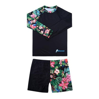 FAFSGOD girls black floral 2-piece swimsuit set with long sleeve UPF 50+ rash guard top and boy shorts bottoms