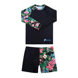 FAFSGOD girls black floral 2-piece swimsuit set with long sleeve UPF 50+ rash guard top and boy shorts bottoms