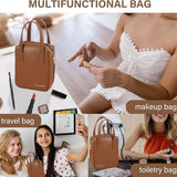 Small brown faux leather makeup bag with top handle and zipper closure, compact travel cosmetic toiletry pouch - view 5