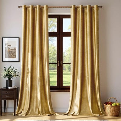 Two gold velvet blackout curtain panels 52x84 inches with silver grommets hanging on a rod in a living room