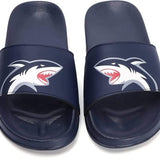 Skywheel navy blue kids shark graphic slip-on slide sandals with EVA sole, size US 12, shown from top and side angle