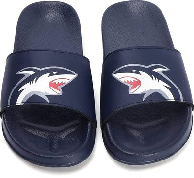 Skywheel navy blue kids shark graphic slip-on slide sandals with EVA sole, size US 12, shown from top and side angle