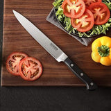 Yosfo 8-inch stainless steel carving knife and 7-inch fork set with black POM ergonomic handles on white background - view 4