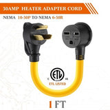 Yellow and black NEMA 10-30P male to 6-30R female dryer adapter with 10AWG copper wiring, 12-inch length - view 2