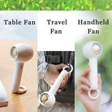 White Sowmow portable rechargeable handheld fan standing upright showing 6-blade design and compact 7.4-inch form factor - view 3