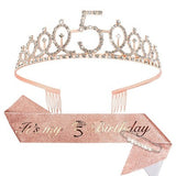 CIEHER rose gold glitter rhinestone birthday crown and 61-inch glitter sash set for girls 5th birthday party