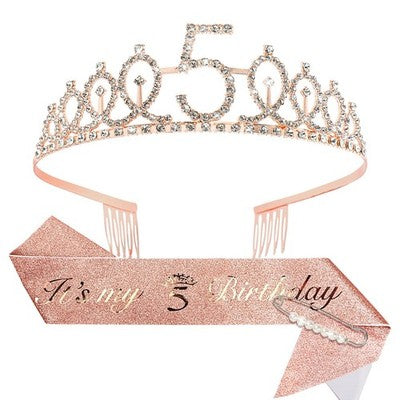 CIEHER rose gold glitter rhinestone birthday crown and 61-inch glitter sash set for girls 5th birthday party
