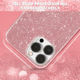 MILPROX pink glitter iPhone 15 Pro case showing 3-layer shockproof construction with raised edges and sparkle finish - view 2