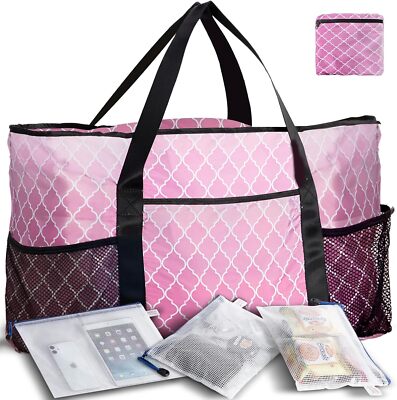 Pink Ricdecor extra large waterproof mesh beach tote bag with black handles and three matching pink zipper pouches